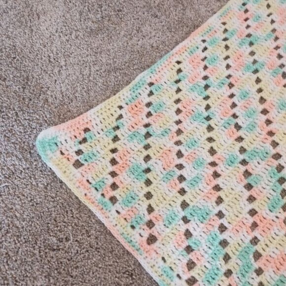 Handmade Crochet Pastel Orange Green Yellow White Striped Baby Lap Blanket 40x44 - Picture 4 of 4